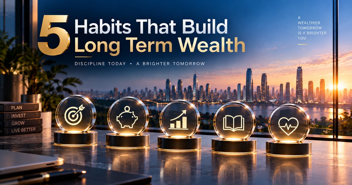 Five glowing glass icons representing goals, savings, growth, learning, and wellbeing habits that build long-term wealth