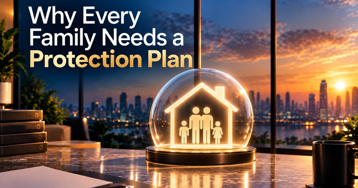 A glowing house and family icon inside a protective glass dome, symbolizing a family protection plan