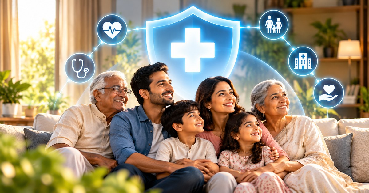 A multi-generational Indian family smiling together at home, with health insurance protection icons overlaid