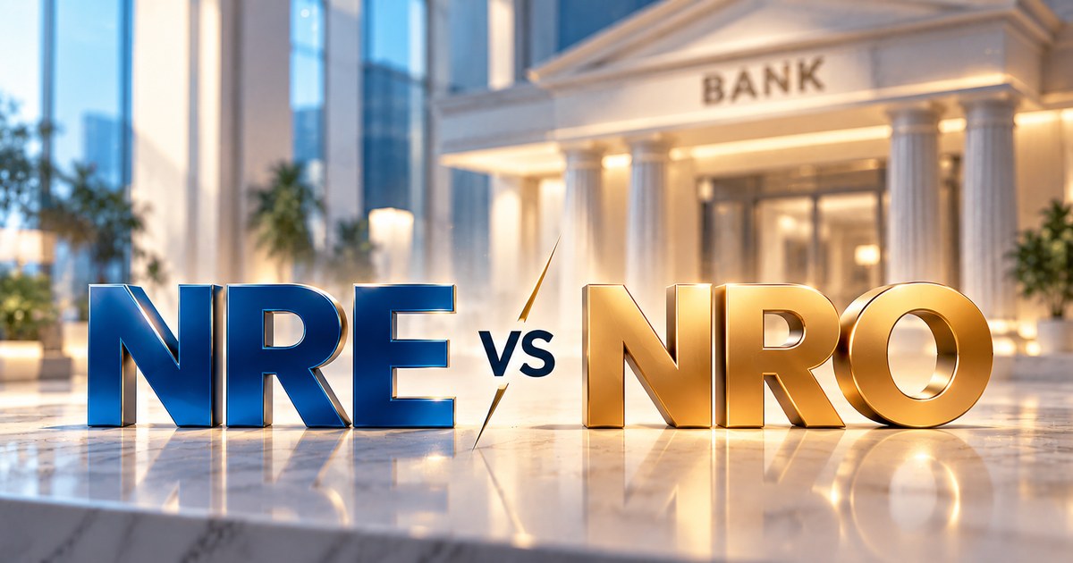 NRE versus NRO 3D text in front of a bank building, representing the two types of NRI bank accounts
