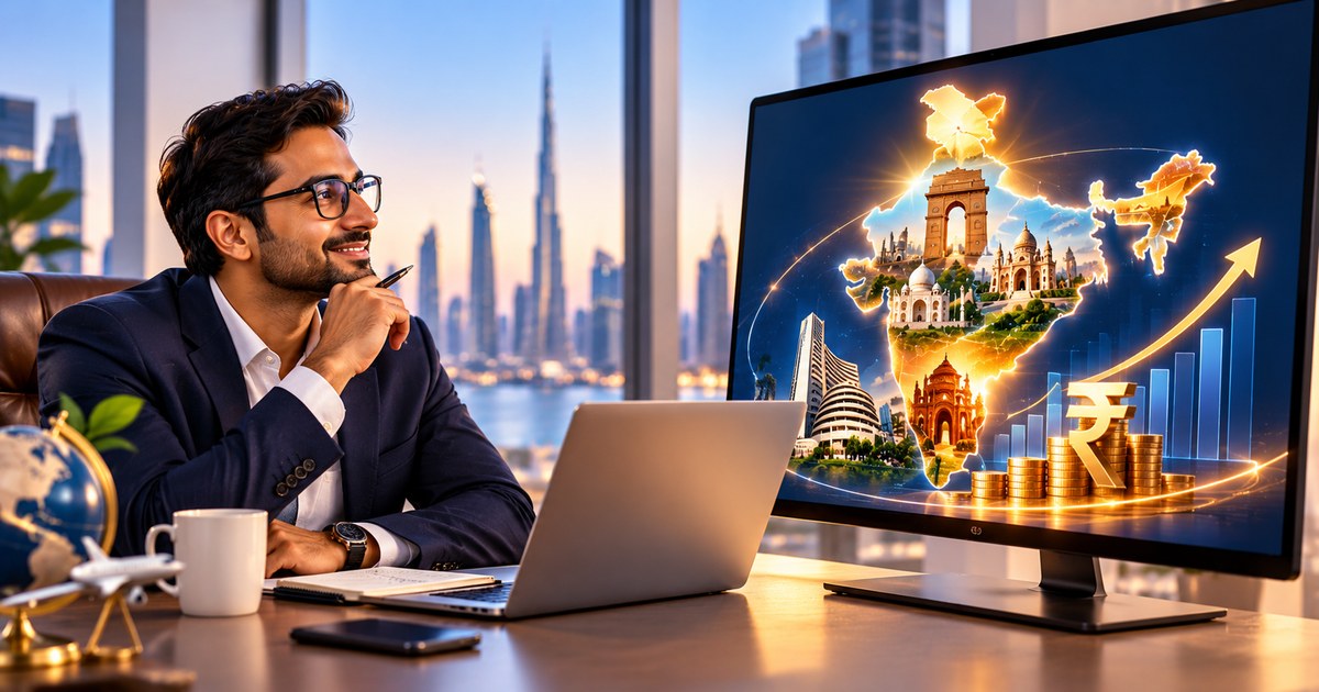 An NRI professional looking at a glowing map of India with a rising growth chart, representing NRI investment in Indian mutual funds