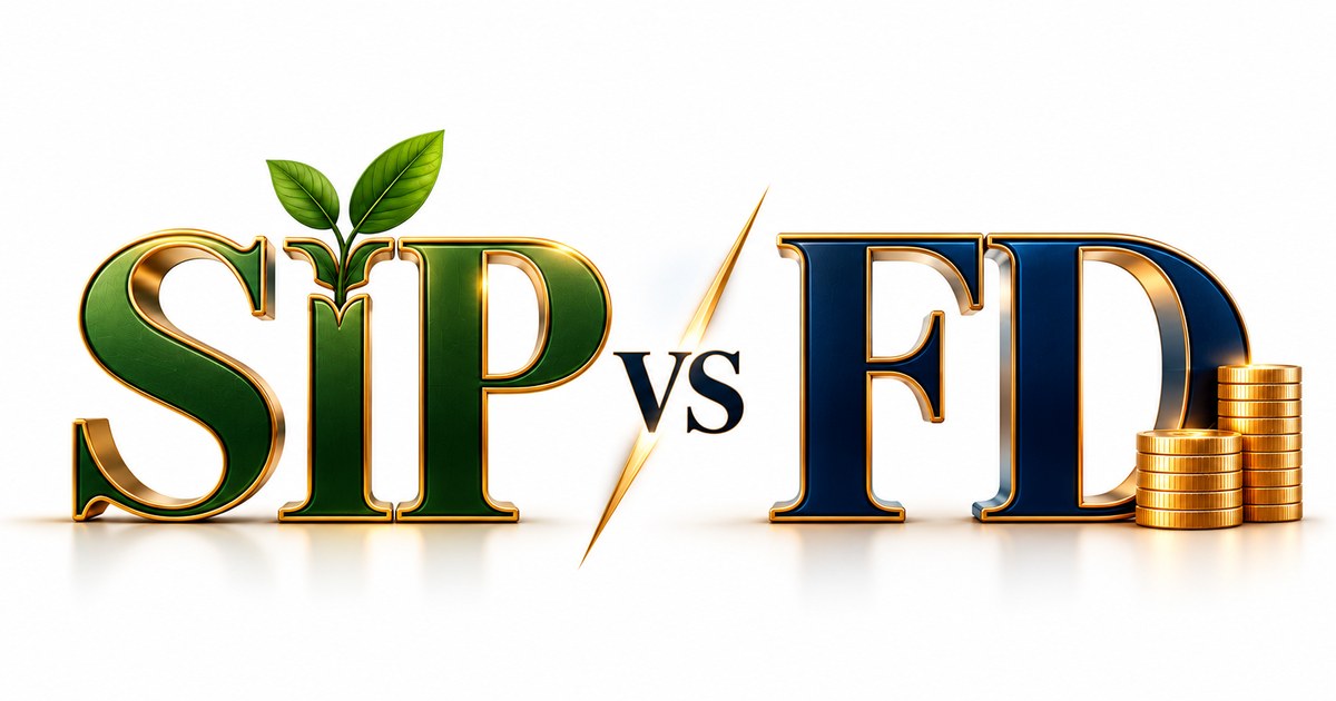 SIP versus Fixed Deposit illustration, with a growing plant representing SIP and stacked gold coins representing a fixed deposit
