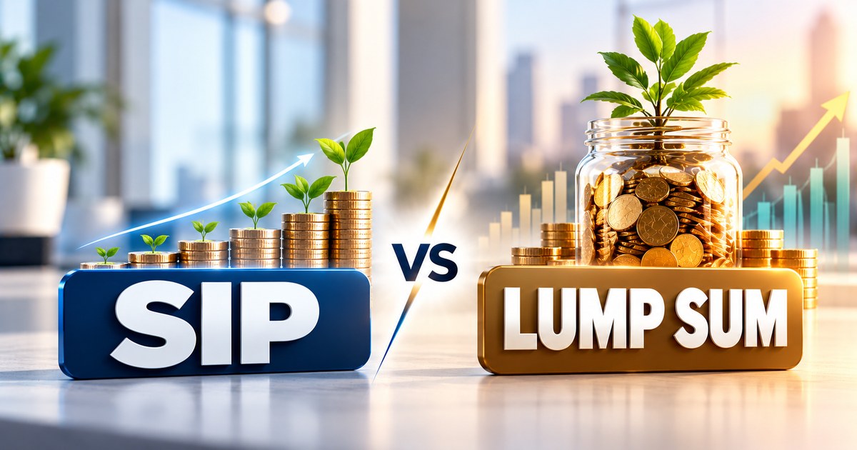 SIP versus Lump Sum comparison, with a rising stack of coins for SIP and a jar of coins for a lump sum investment