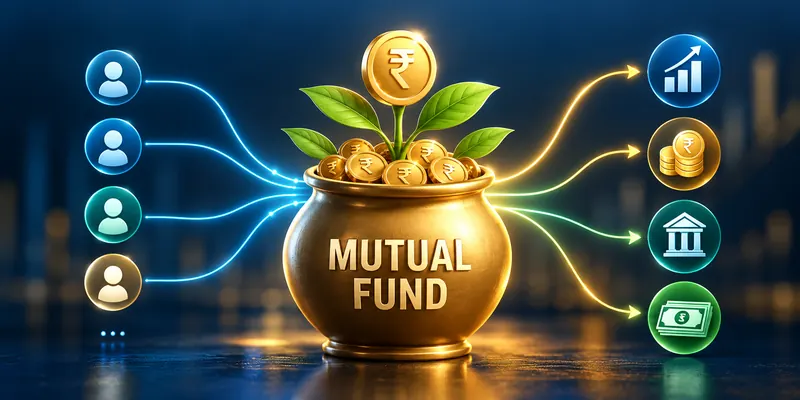 How a mutual fund works: money from many investors is pooled into one fund, which is then invested across shares, gold, bonds and cash